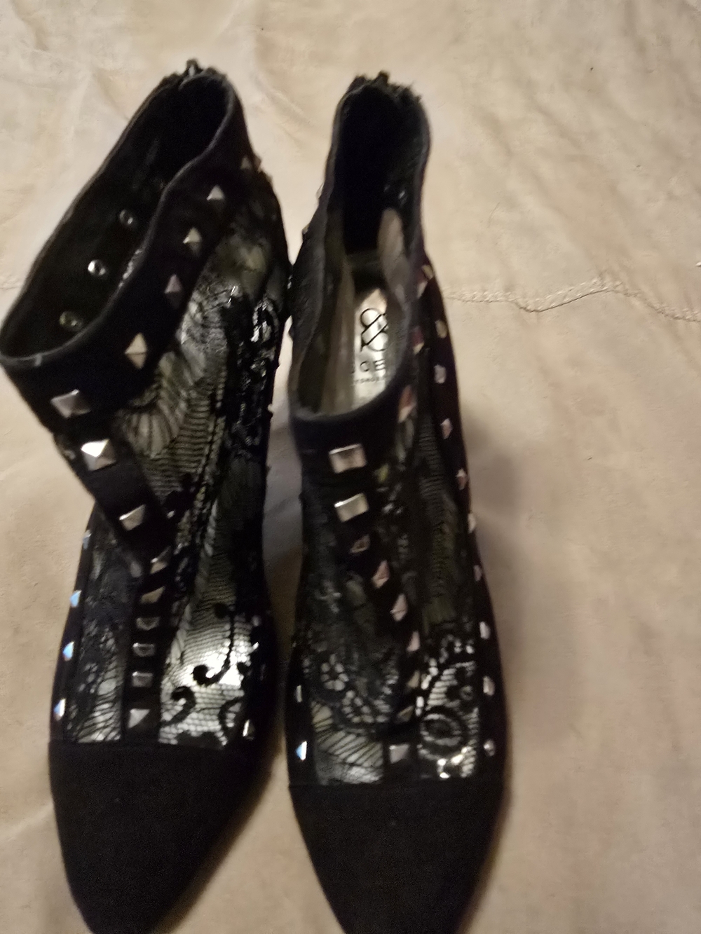Ladies Black Lace Studded Pointed-Toe Ankle Boots